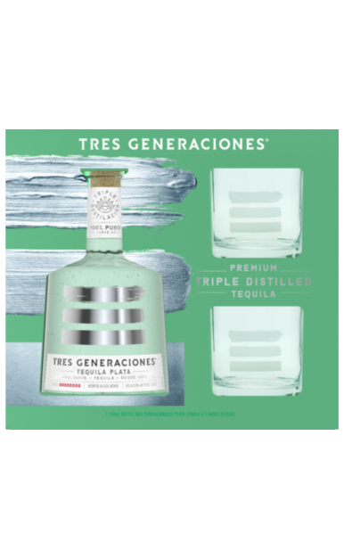 TRES GENERACIONES TEQUILA PLATA GFT PCK W/ 2 GLASSES 750ML