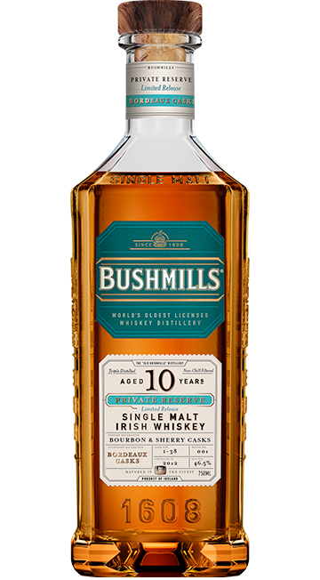 BUSHMILLS WHISKEY SINGLE MALT BOURDEAUX CASKS PRIVATE RESERVE LIMITED RELEASE IRISH 10YR 750ML